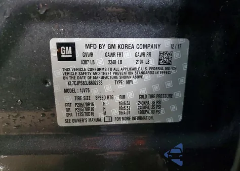 2018 Chevrolet Trax 1Lt z USA, uszkodzony, nr VIN KL7CJPSB3JB602783